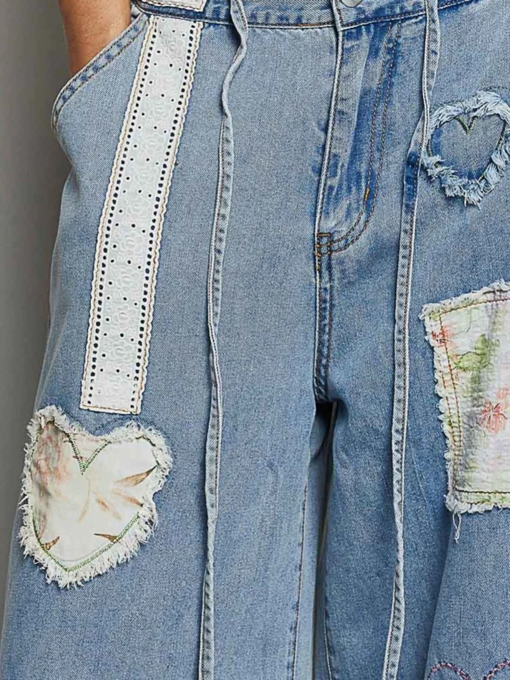 POL Light Wash Denim Stretchy Waist Floral heart Patchwork Wide leg Denim Jeans - Picture 3 of 7